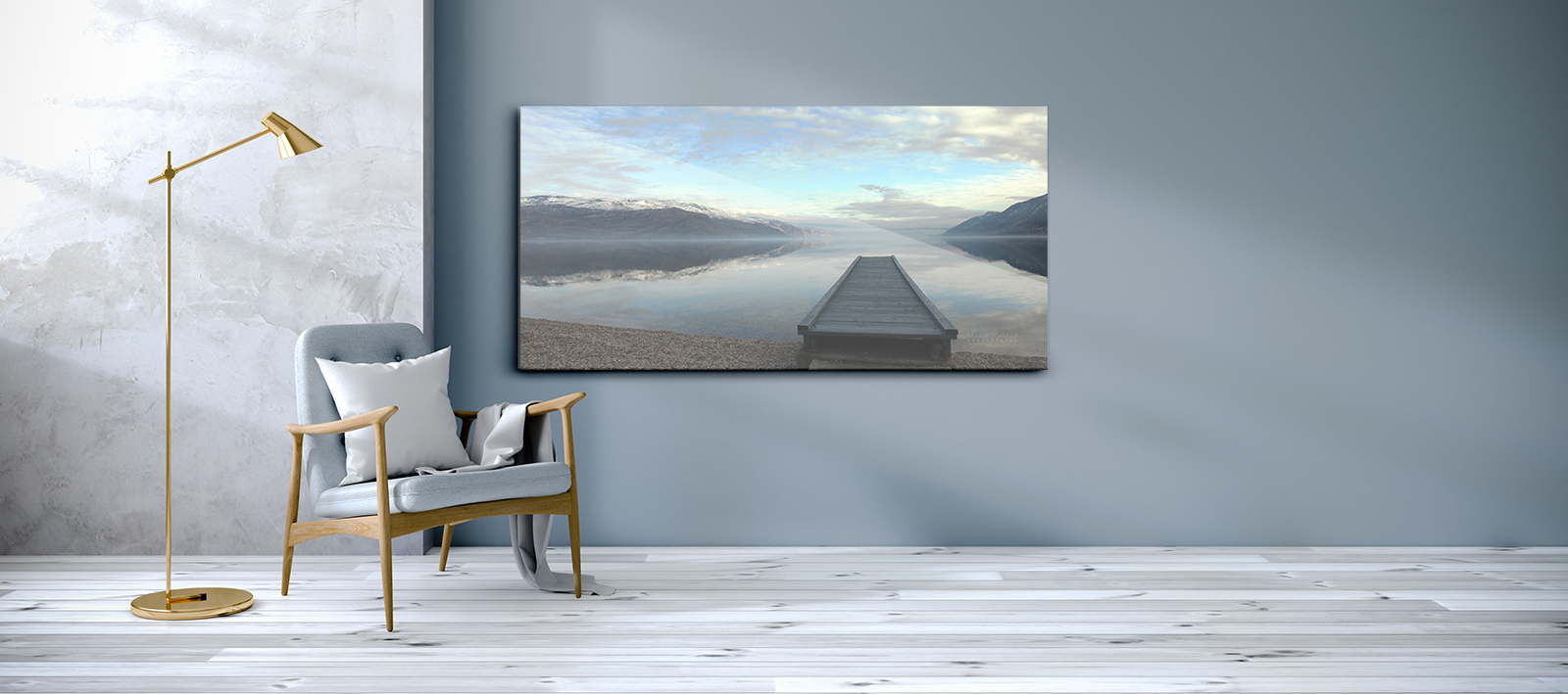 A room featuring photo art on canvas